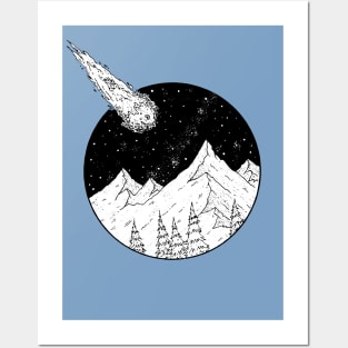 retro moon mountains shooting star Posters and Art